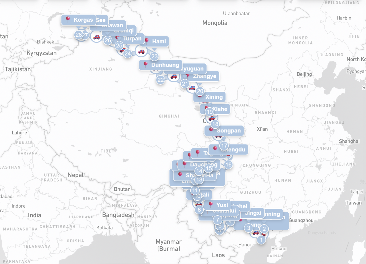 Durchfahrt durch China von Vietnam nach Kasachstan